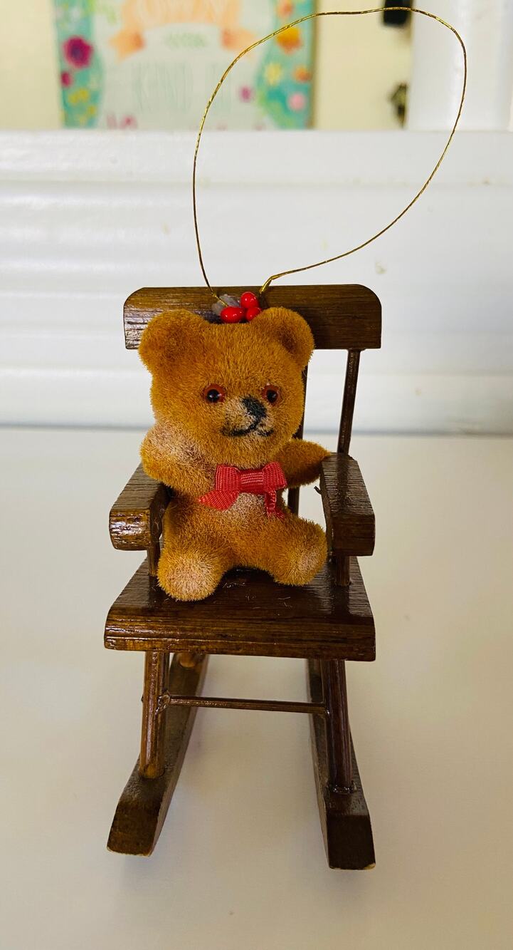 VINTAGE Teddy Bear in Wooden Rocking Chair Red Bow Christmas Tree Xmas Ornament